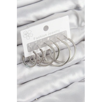 Pirinç Halka Model Gümüş Renk Kadın Set Küpe - TJ-BKP11038