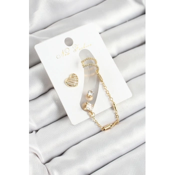 Pirinç Kalp Figürlü Zirkon Taşlı Gold Renk 3lü Kıkırdak Kadın Küpe Set - TJ-BKP10669