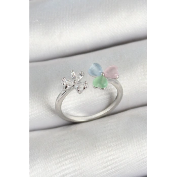 Pirinç Kalp Figürlü Zirkon Taşlı Gümüş Renk Ayarlanabilir Kadın Yüzük - TJ-BYK3763