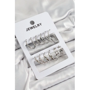 Pirinç Karışık Halka Model Gümüş Renk 6 Çift Kadın Küpe Set - TJ-BKP10877