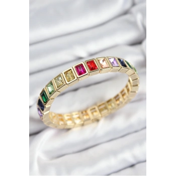 Pirinç Karışık Zirkon Taşlı Dikdörtgen Model Gold Renk Lastikli Kadın Bileklik - TJ-BB7493