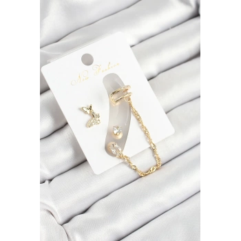 Pirinç Kelebek Figürlü Zirkon Taşlı Gold Renk 3lü Kıkırdak Kadın Küpe Set - TJ-BKP10670
