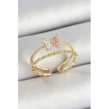 Pirinç Kelebek Figürlü Zirkon Taşlı Gold Renk Ayarlanabilir Kadın Yüzük - TJ-BYK3766