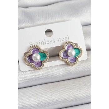 Pirinç Mor Mineli İnci Detaylı Zirkon Taşlı Sanatsal Portre Yonca Model Gold Renk Kadın Küpe - TJ-BKP10680