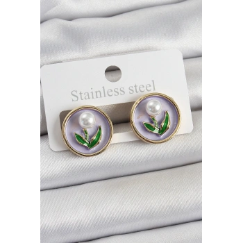 Pirinç Mor Mineli Lale Figürlü Sanatsal Portre Model Gold Renk Kadın Küpe - TJ-BKP10676