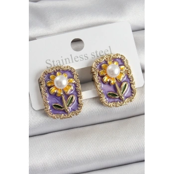 Pirinç Mor Mineli Papatya Figürlü Sanatsal Portre Model Gold Renk Kadın Küpe - TJ-BKP10688