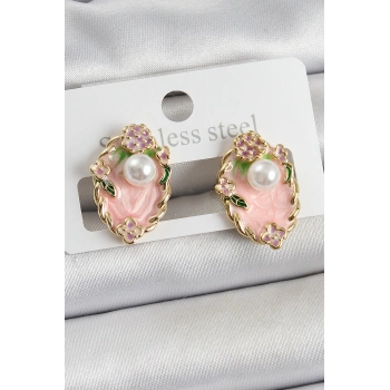 Pirinç Pembe Mineli İnci Detaylı Sanatsal Portre Model Gold Renk Kadın Küpe - TJ-BKP10690