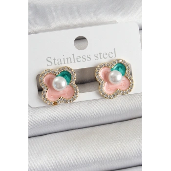 Pirinç Pembe Mineli İnci Detaylı Zirkon Taşlı Sanatsal Portre Yonca Model Gold Renk Kadın Küpe - TJ-BKP10682