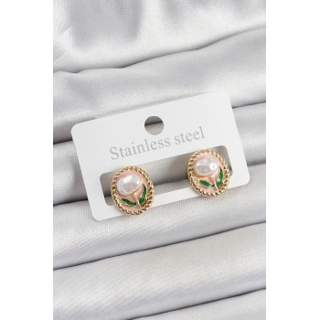 Pirinç Pembe Mineli Lale Figürlü Sanatsal Portre Model Gold Renk Kadın Küpe - TJ-BKP10672