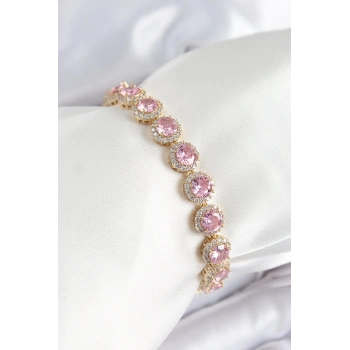 Pirinç Pembe Zirkon Taşlı Daire Baget Model Gold Renk VIP Seri Kadın Bileklik - TJ-BB7512