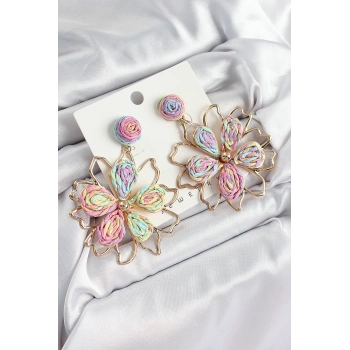 Pirinç Rainbow Çiçek Model Gold Renk Kadın Hasır Küpe - TJ-BKP10889