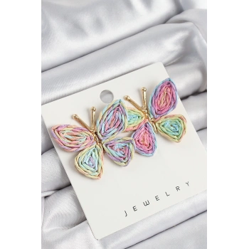 Pirinç Rainbow Kelebek Model Gold Renk Kadın Hasır Küpe - TJ-BKP10892