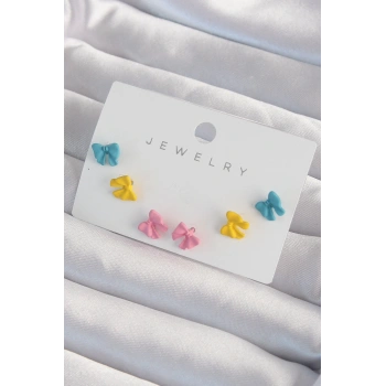 Pirinç Rengarenk Mineli Minimal Fiyonk Küpe Seti - TJ-BKP9319