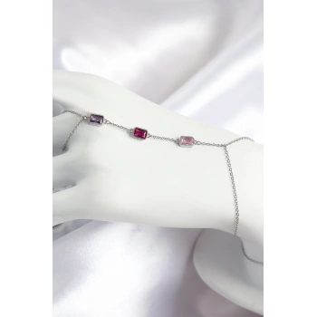 Pirinç Renkli Zirkon Taşlı Dikdörtgen Model Gümüş Renk Kadın Şahmeran - TJ-SN694