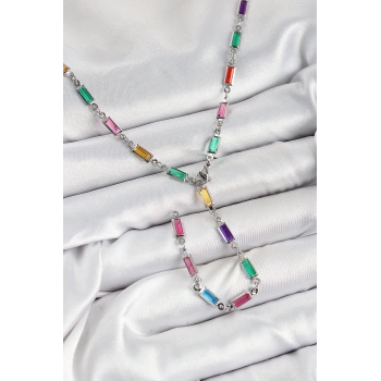 Pirinç Renkli Zirkon Taşlı Dikdörtgen Model Gümüş Renk Kadın Y Kolye - TJ-BKO10385