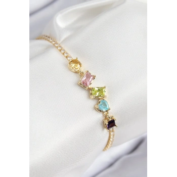 Pirinç Renkli Zirkon Taşlı Geometrik Model Gold Renk Kadın Bileklik - TJ-BB7689