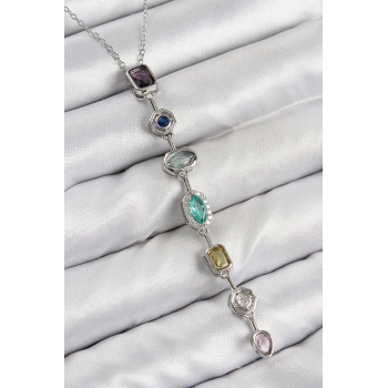Pirinç Renkli Zirkon Taşlı Model Gümüş Renk Kadın Y Kolye - TJ-BKO10440