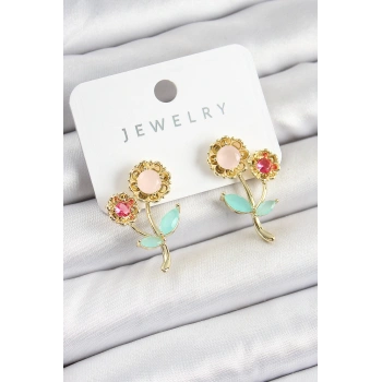 Pirinç Renkli Zirkon Taşlı Papatya Model Gold Renk Kadın Küpe - TJ-BKP10746