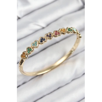 Pirinç Renkli Zirkon Taşlı Sıralı Kalp Model Gold Renk Kadın Kelepçe - TJ-BB7681