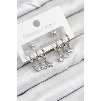 Pirinç Sallantılı Zirkon Taşlı Model Gümüş Renk Kadın Küpe - TJ-BKP11098