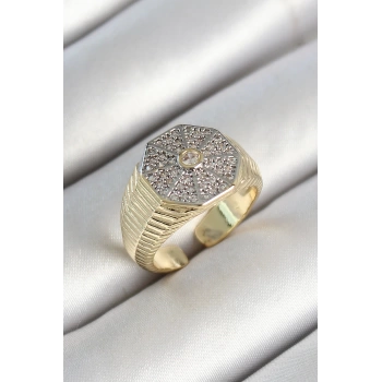 Pirinç Sekizgen Figür Zirkon Taşlı Gold Renk Ayarlanabilir Kadın Yüzük - TJ-BYK3788