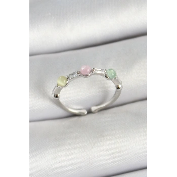 Pirinç Sıralı Boncuk Figürlü Zirkon Taşlı Gümüş Renk Ayarlanabilir Kadın Yüzük - TJ-BYK3759