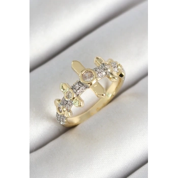Pirinç Sıralı Çit Figürlü Zirkon Taşlı Gold Renk Ayarlanabilir Kadın Yüzük - TJ-BYK3785