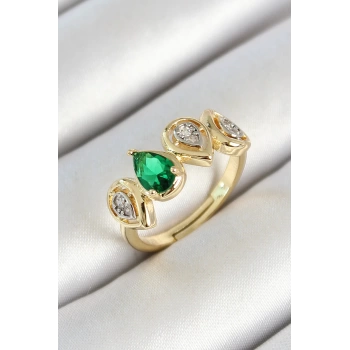 Pirinç Sıralı Damla Figürlü Zirkon Taşlı Gold Renk Ayarlanabilir Kadın Yüzük - TJ-BYK3784