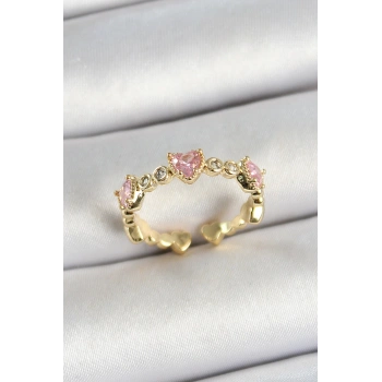 Pirinç Sıralı Kalp Figürlü Zirkon Taşlı Gold Renk Ayarlanabilir Kadın Yüzük - TJ-BYK3756