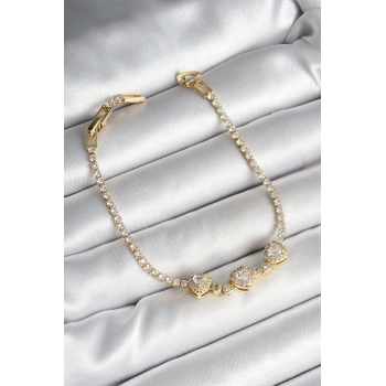 Pirinç Sıralı Kalp Figürlü Zirkon Taşlı Gold Renk Kadın Bileklik - TJ-BB6981