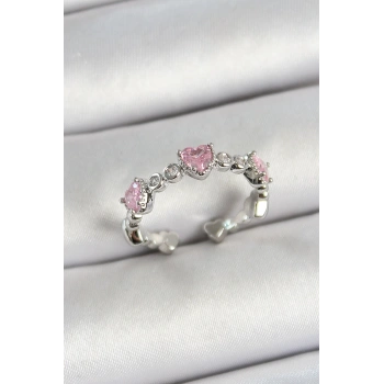 Pirinç Sıralı Kalp Figürlü Zirkon Taşlı Gümüş Renk Ayarlanabilir Kadın Yüzük - TJ-BYK3757