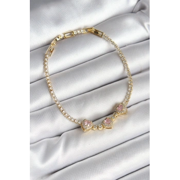Pirinç Sıralı Pembe Kalp Figürlü Zirkon Taşlı Gold Renk Kadın Bileklik - TJ-BB6983
