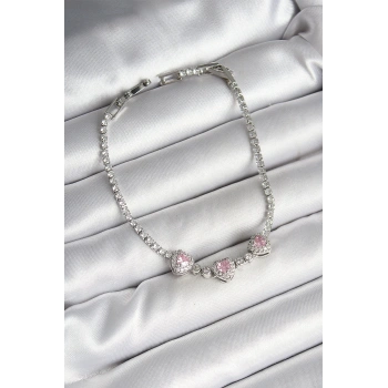 Pirinç Sıralı Pembe Kalp Figürlü Zirkon Taşlı Gümüş Renk Kadın Bileklik - TJ-BB6982