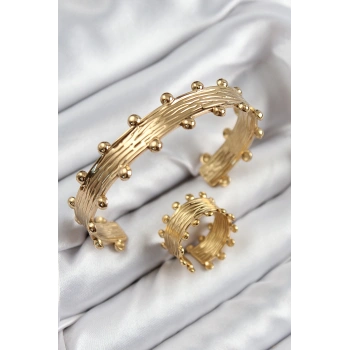 Pirinç Topcuk Model Gold Renk Bileklik Yüzük Set - TJ-BB7602