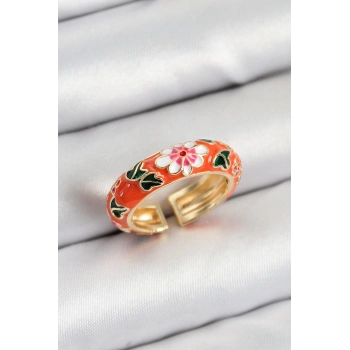 Pirinç Turuncu Mineli Çiçek Motifli Gold Renk Ayarlanabilir Kadın Yüzük - TJ-BYK3804