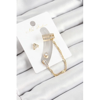 Pirinç Üçgen Figürlü Zirkon Taşlı Gold Renk 3lü Kıkırdak Kadın Küpe Set - TJ-BKP10668