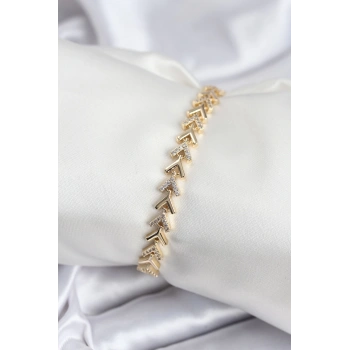 Pirinç VIP Seri Gold Zirkon Taşlı Balık Sırtı Model Kadın Bileklik - TJ-BB7921