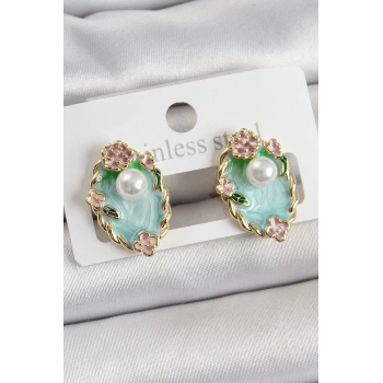 Pirinç Yeşil Mineli İnci Detaylı Sanatsal Portre Model Gold Renk Kadın Küpe - TJ-BKP10691