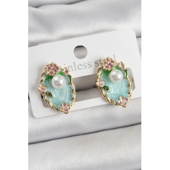 Pirinç Yeşil Mineli İnci Detaylı Sanatsal Portre Model Gold Renk Kadın Küpe - TJ-BKP10691