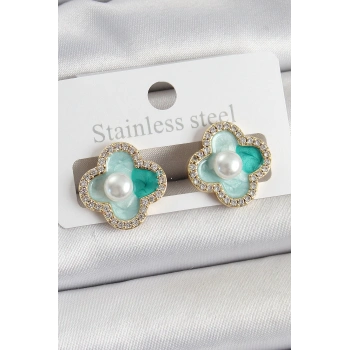 Pirinç Yeşil Mineli İnci Detaylı Zirkon Taşlı Sanatsal Portre Yonca Model Gold Renk Kadın Küpe - TJ-BKP10681