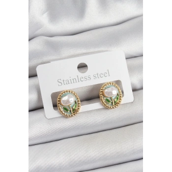 Pirinç Yeşil Mineli Lale Figürlü Sanatsal Portre Model Gold Renk Kadın Küpe - TJ-BKP10673