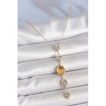 Pirinç Zincir Kehribar Sarı Gold Renk  Zirkon Taşlı Y Kolye - TJ-BKO10230