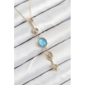 Pirinç Zincir Mavi Gold Renk Zirkon Taşlı Y Kolye - TJ-BKO10558