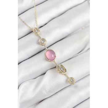 Pirinç Zincir Pembe Gold Renk Zirkon Taşlı Y Kolye - TJ-BKO10554