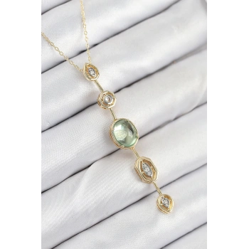 Pirinç Zincir Yeşil Gold Renk Zirkon Taşlı Y Kolye - TJ-BKO10557