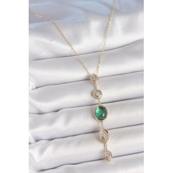 Pirinç Zincir Zümrüt Yeşil Gold Renk Zirkon Taşlı Y Kolye - TJ-BKO10229