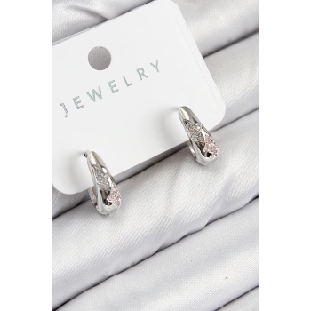 Pirinç Zirkon Taş Desenli Model Gümüş Renk Kadın Küpe - TJ-BKP11067