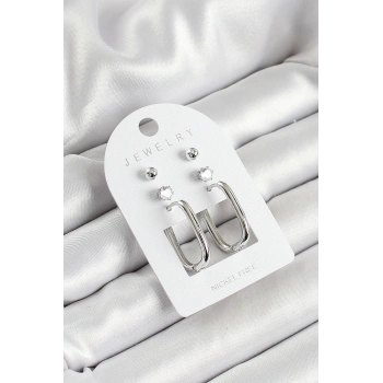 Pirinç Zirkon Taş Ve Dikdörtgen Figürlü Gümüş Renk 3lü Çift Kadın Küpe Set - TJ-BKP10645