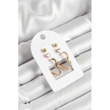 Pirinç Zirkon Taş Ve Kalp Figürlü Gold Renk 3lü Çift Kadın Küpe Set - TJ-BKP10650
