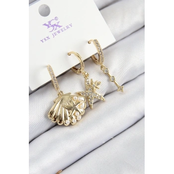 Pirinç Zirkon Taşlı 3lü İstiridye Ve Yıldız Model Gold Renk Kadın Küpe - TJ-BKP11144